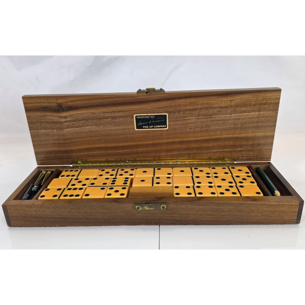 Vintage Five-Up Co Dominic C Armanino Dominoes Cribbage Set Handcrafted Walnut